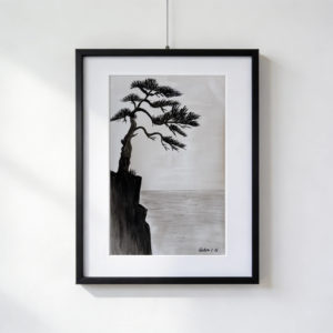 Albero nero stilizzato su scogliera, acquarello con china e matita, 30×40 cm con paspartout