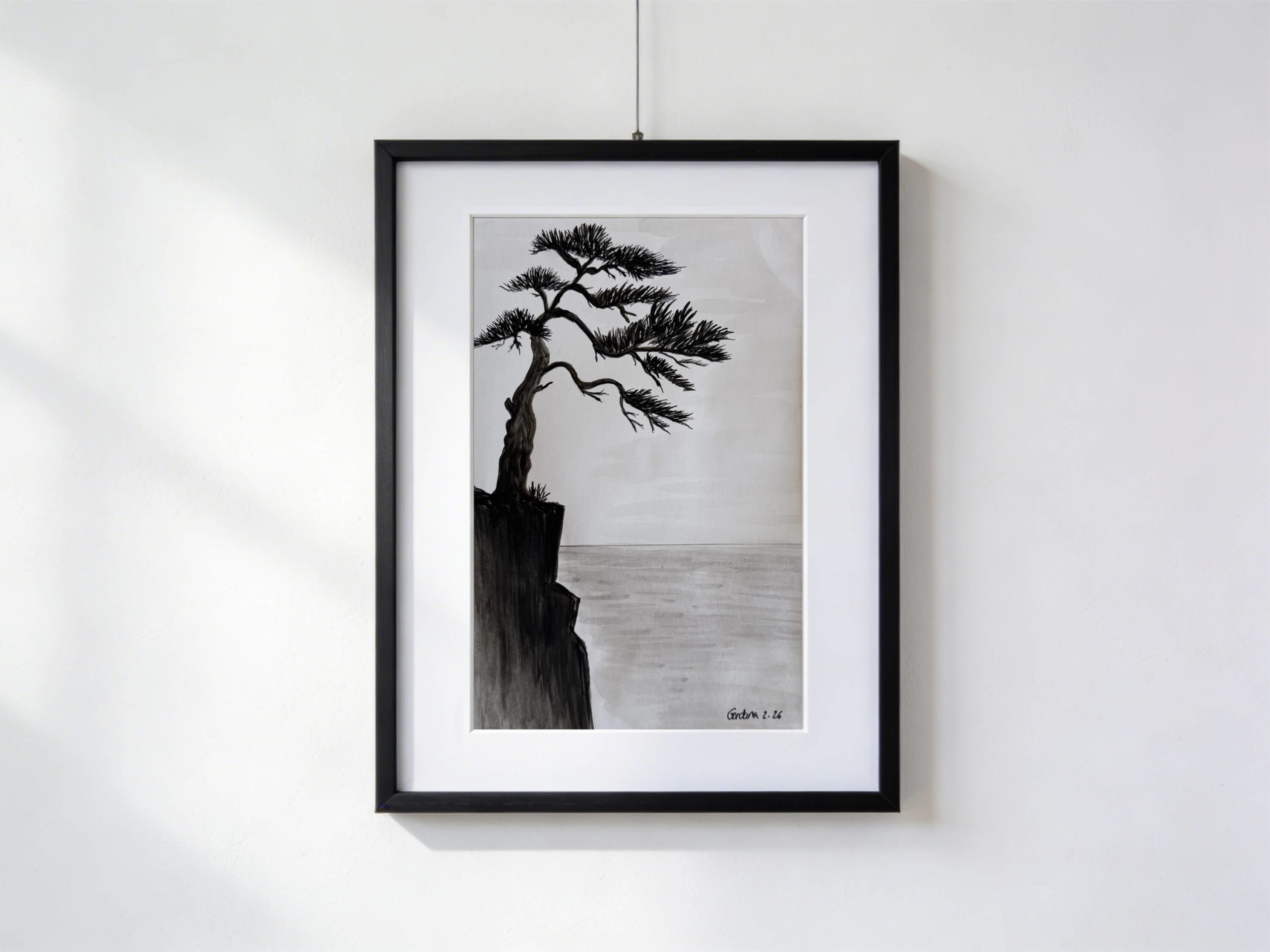 Albero nero stilizzato su scogliera, acquarello con china e matita, 30×40 cm con paspartout