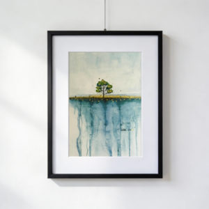 Albero nero su bordo di scogliera dorata sopra un abisso blu, acquarello con tocchi oro, china e matita, 30×40 cm con paspartout