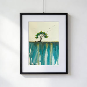 Albero nero con tocchi dorati su bordo di scogliera sopra abisso turchese, con uccelli in volo nel cielo sereno, acquarello 30×40 cm con paspartout