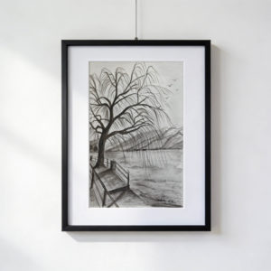 Acquarello di un salice piangente sul lungolago di Muralto, con i rami che sfiorano l’acqua e le montagne nebbiose sullo sfondo in una giornata invernale sul Lago Maggiore.