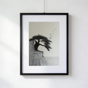 Acquarello di un albero nero dal tronco molto grosso, radicato sull’orlo di una scogliera, con uccelli che volano nel cielo sopra il vuoto sottostante.