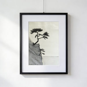 Acquarello di due alberi neri su una scogliera: uno più grande e uno più piccolo, vicini sul bordo del precipizio, come una madre e una figlia che si sostengono a vicenda.