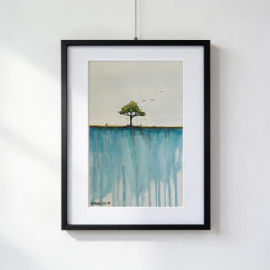 Albero nero con foglie dorate che cadono da una scogliera sopra cascata turchese, uccelli in volo, acquerello 30×40 cm con paspartout