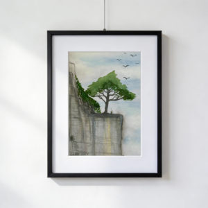 Albero verde su parete rocciosa a picco sul vuoto, uccelli nel cielo aperto, acquarello 30×40 cm con paspartout