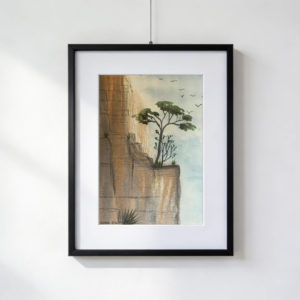 Albero in piccola oasi di cespugli su parete rocciosa in valle desertica, uccelli in avvicinamento, acquarello 30×40 cm con paspartout