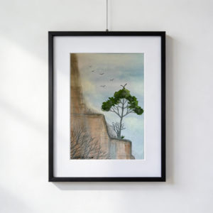 Acquarello di Gordana Majic con albero solitario in una piccola oasi su parete rocciosa, uccelli in volo in una valle desertica, formato 30 x 40 cm con paspartout