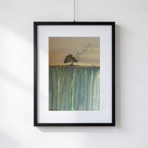 Acquarello di Gordana Majic con albero nero solitario su bordo dorato, cascate turchesi che scendono in un abisso luminoso e oche che migrano nella foschia