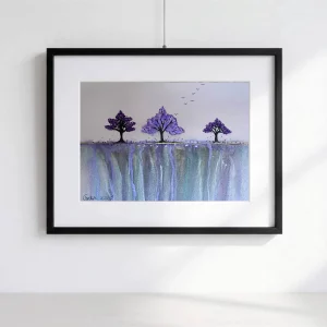 Watercolor by Gordana Majic featuring three purple and lilac magnolias blooming on a golden border, lilac waterfalls in the background, and birds flying in a pale sky